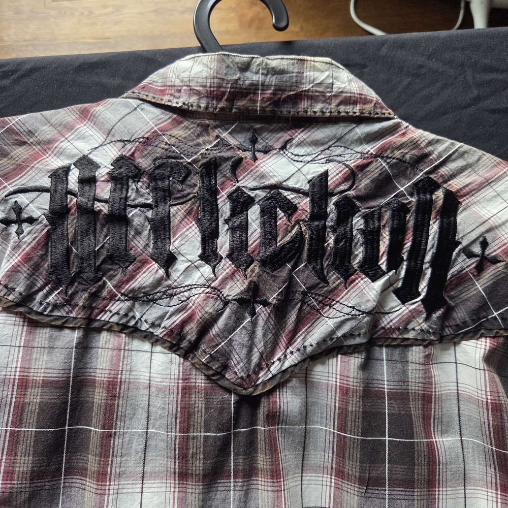 Affliction Mens Red and Black Long Sleeve Plaid Button Down Shirt